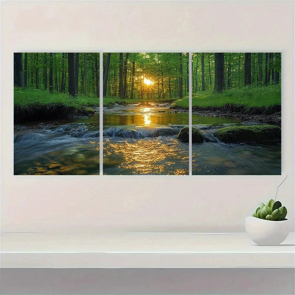 3pcs Serene Forest Sunlit Green Trees River Wall Art Set Canvas Framed 50x70cm - High Quality Print 100% Australian Made Wall Canvas Ready to Hang