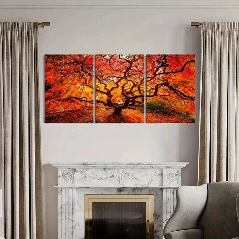 3pcs Red Tree with Branches Landscape Modern Wall Art Set Canvas Framed 50x70cm - High Quality Print 100% Australian Made Wall Canvas Ready to Hang