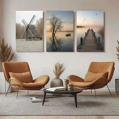 3pcs Windmill Lake  Pier Scenes with Birds & Trees Metal Print Ready to Hang Art