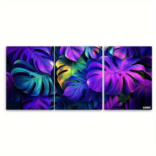 3pcs Tropical Leaves in Purple and Green Wall Art Set Canvas Framed 50x70cm - High Quality Print 100% Australian Made Wall Canvas Ready to Hang