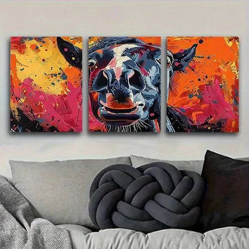 3pcs Colorful Cow Art Vintage Wall Art Set Canvas Unframed - High Quality Print 100% Australian Made Wall Canvas - Bella Home Decor