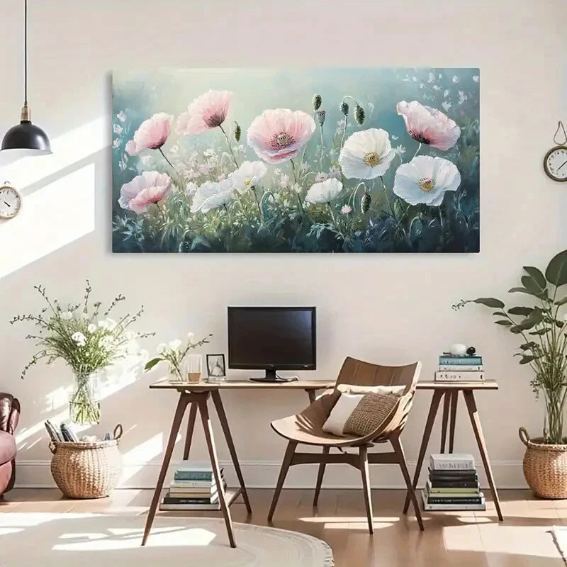 Pink Poppies Bloom Wildflower Wall Art Canvas Office Home Room Framed 120x60cm - Bella Home Decor