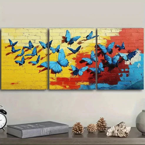 3pcs Vibrant Blue Butterflies Colorful Sweet Wall Art Set Canvas Unframed - High Quality Print 100% Australian Made Wall Canvas