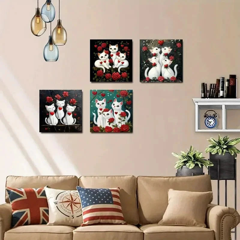 4pcs Charming White Cat Red Rose Art Deco  Wall Art Canvas Framed
