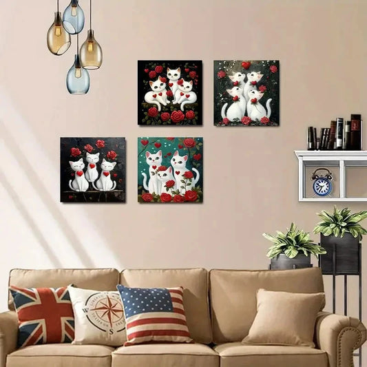4pcs Charming White Cat Red Rose Art Deco  Wall Art Canvas Framed