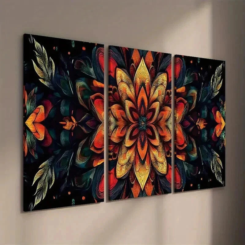 3pcs Mandala Flowers on Black Background Wall Art Set Canvas Framed 50x70cm - High Quality Print 100% Australian Made Wall Canvas Ready to Hang
