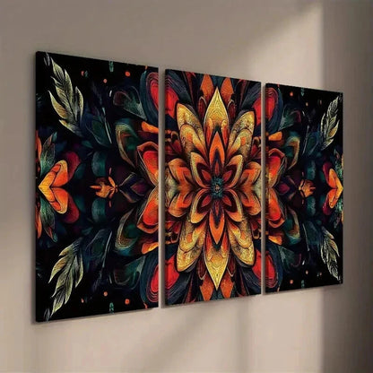 3pcs Mandala Flowers on Black Background Wall Art Set Canvas Framed 50x70cm - High Quality Print 100% Australian Made Wall Canvas Ready to Hang