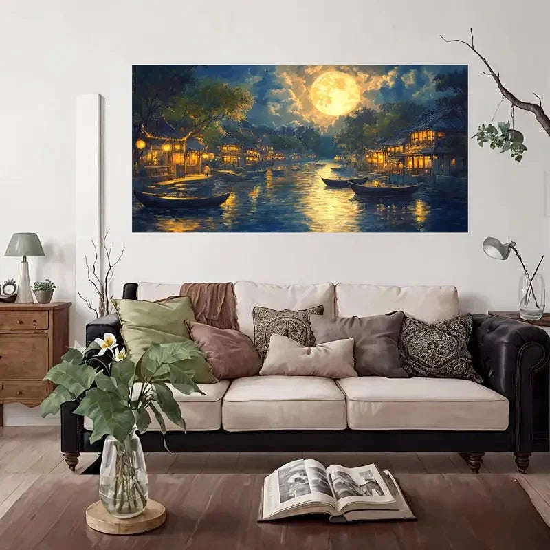 Moonlit River Village Scene Wall Art Canvas Office Home Room Framed 120x60cm