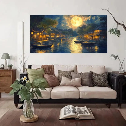Moonlit River Village Scene Wall Art Canvas Office Home Room Framed 120x60cm