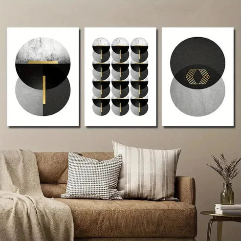3pcs Black White and Golden Geometric Wall Art Set Canvas Unframed - High Quality Print 100% Australian Made Wall Canvas - Bella Home Decor
