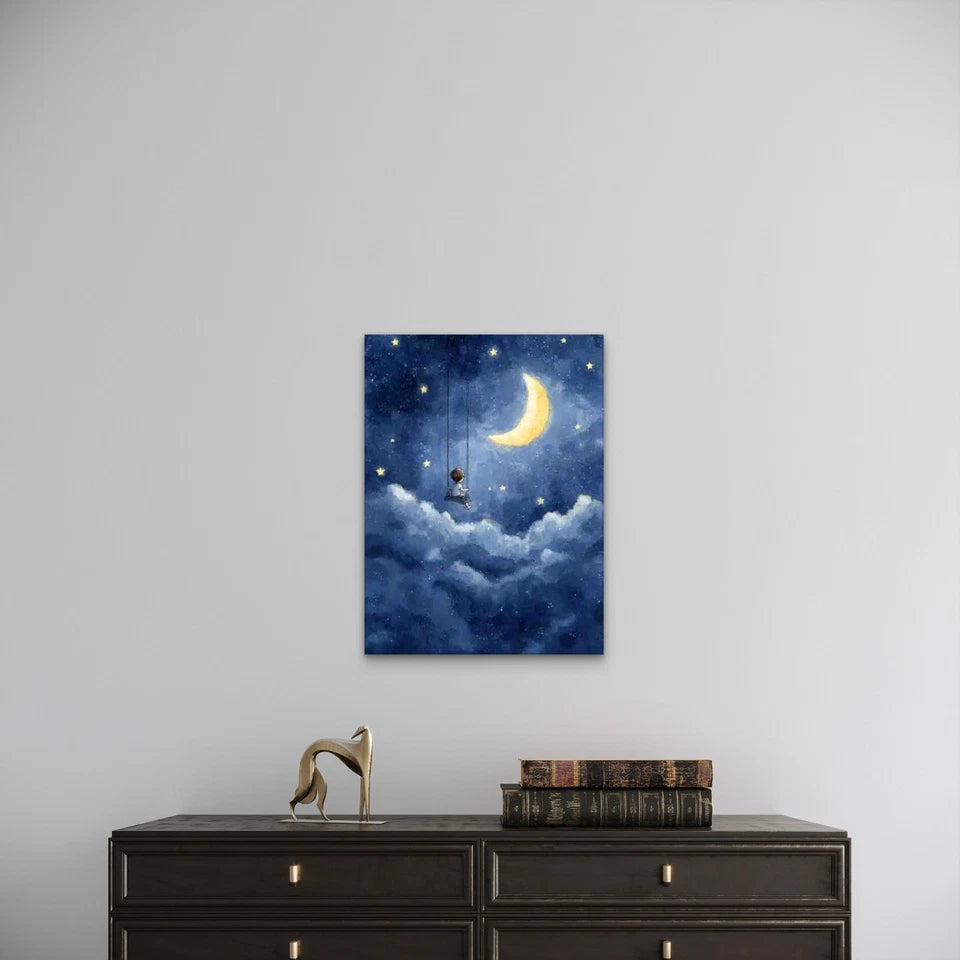 Navy Blue Nursery with Moon and Stars Metal Print Ready to Hang - Bella Home Decor