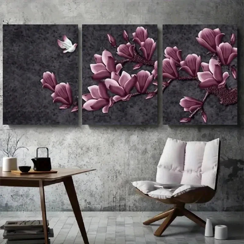 3pcs Purple Magnolia Blossom Botanical Floral Wall Art Set Canvas Framed 60x90cm - High Quality Print 100% Australian Made Wall Canvas Ready to Hang