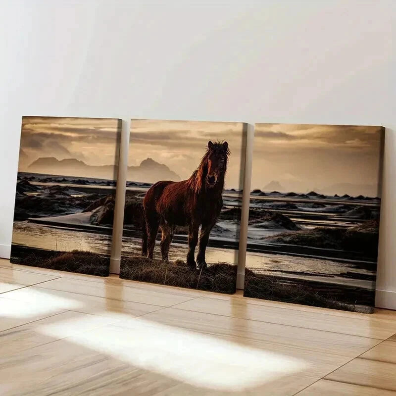 3pcs Brown Horse Near a River & Sunset Wall Art Set Canvas Framed 50x70cm - High Quality Print 100% Australian Made Wall Canvas Ready to Hang - Bella Home Decor