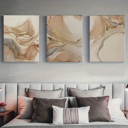 3pcs Beige and Golden Abstract Metal Print Ready to Hang Art