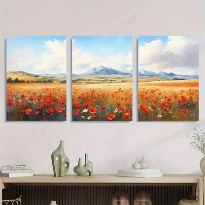 3pcs Vibrant Poppy Meadow Mountain View Perfect Wall Art Set Canvas Framed 60x90cm - High Quality Print 100% Australian Made Wall Canvas Ready to Hang