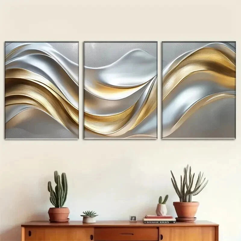 3pcs Modern Abstract Metallic Wave Perfect Wall Art Set Canvas Framed 50x70cm - High Quality Print 100% Australian Made Wall Canvas Ready to Hang - Bella Home Decor