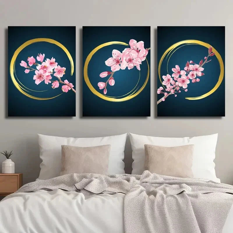 3pcs Sakura Botanical Golden and Pink Cherry Metal Print Ready to Hang Art