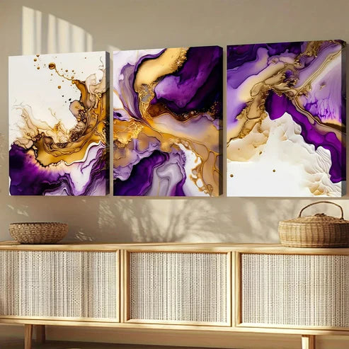 3pcs Purple Modern Abstract Modern Art Golden Art Set Canvas Unframed - High Quality Print 100% Australian Made Wall Canvas