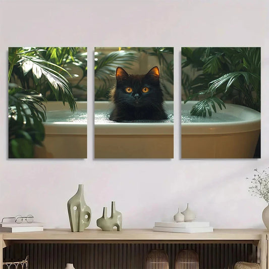 3pcs Botanical Black Cat in The Bathtub Metal Print Ready to Hang Art