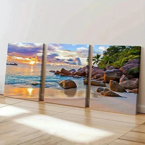 3pcs Beach Landscape with Palm Trees & Rocks Wall Art Canvas Unframed - High Quality Print 100% Australian Made Wall Canvas - Bella Home Decor