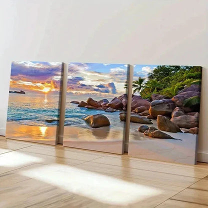 3pcs Beach Landscape with Palm Trees & Rocks Wall Art Canvas Unframed - High Quality Print 100% Australian Made Wall Canvas - Bella Home Decor