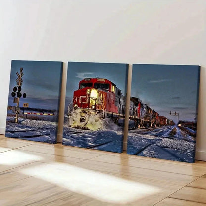 3pcs Steam Train with Snowy Landscape Wall Art Set Canvas Framed 50x70cm - High Quality Print 100% Australian Made Wall Canvas Ready to Hang - Bella Home Decor