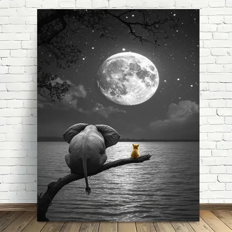 Beautiful Elephant Moonlight Serenity Painting 40x60cm Metal Print Ready to Hang - Bella Home Decor