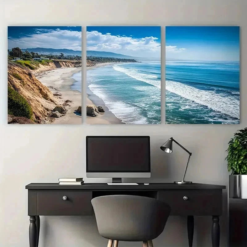3pcs Cambrillo Beach Poster Travel Perfect Wall Art Set Canvas Framed 50x70cm - High Quality Print 100% Australian Made Wall Canvas Ready to Hang - Bella Home Decor