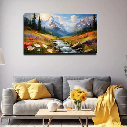 Vibrant Mountain & Stream Wall Art Canvas Office Home Room Framed 120x60cm