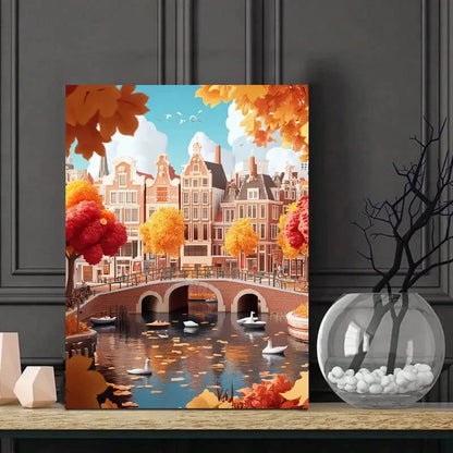 Autumn in The City of Leumidd, With a River And Bridge 40x60cm Metal Print Ready to Hang
