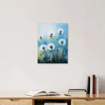 Painting of dandelions on a wall above a wooden shelf with books.