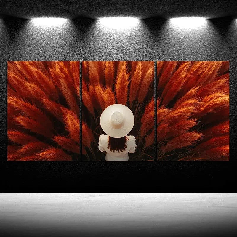 3pcs Abstract Grass Straw Hat Modern Metal Print Ready to Hang Art - Bella Home Decor
