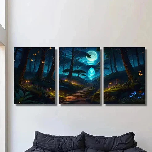 3pcs Magic Forest Moon Butterflies & Flowers Wall Art Canvas Unframed - High Quality Print 100% Australian Made Wall Canvas