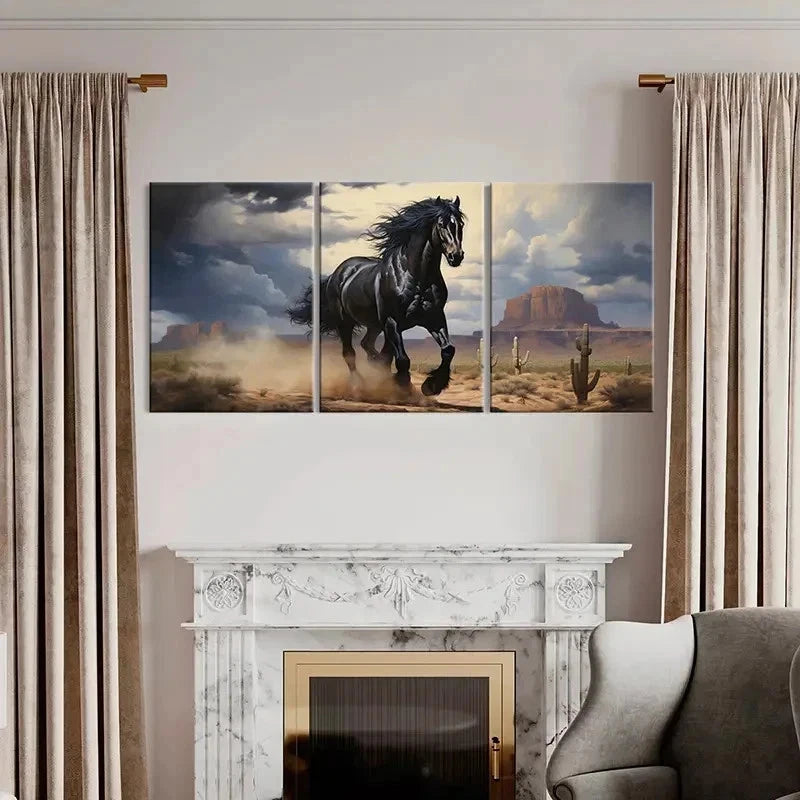 3pcs Black Horse in Monument Valley Wall Art Set Canvas Framed 50x70cm - High Quality Print 100% Australian Made Wall Canvas Ready to Hang - Bella Home Decor