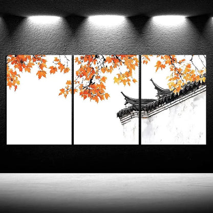3pcs The House Next The Red Maple Leaves Metal Print Ready to Hang Art