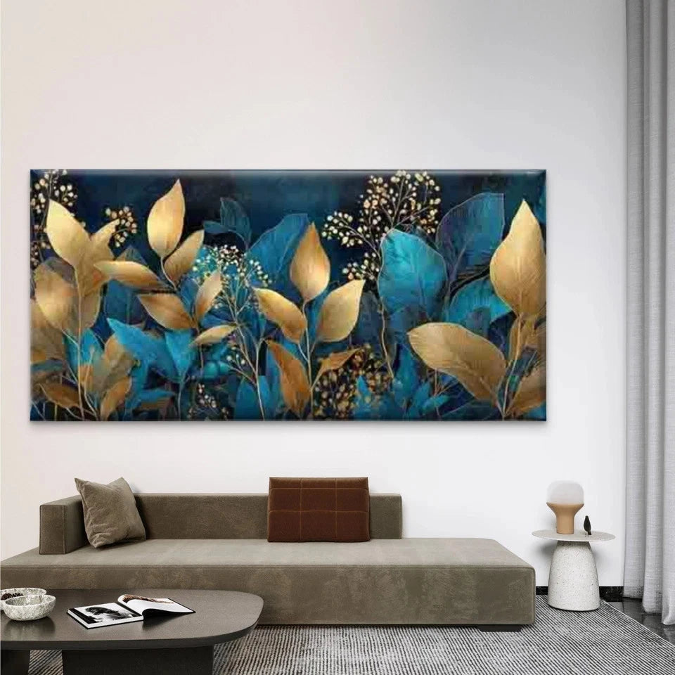 Dark Green & Golden Leaf Wall Art Canvas Office Home Room Framed 120x60cm
