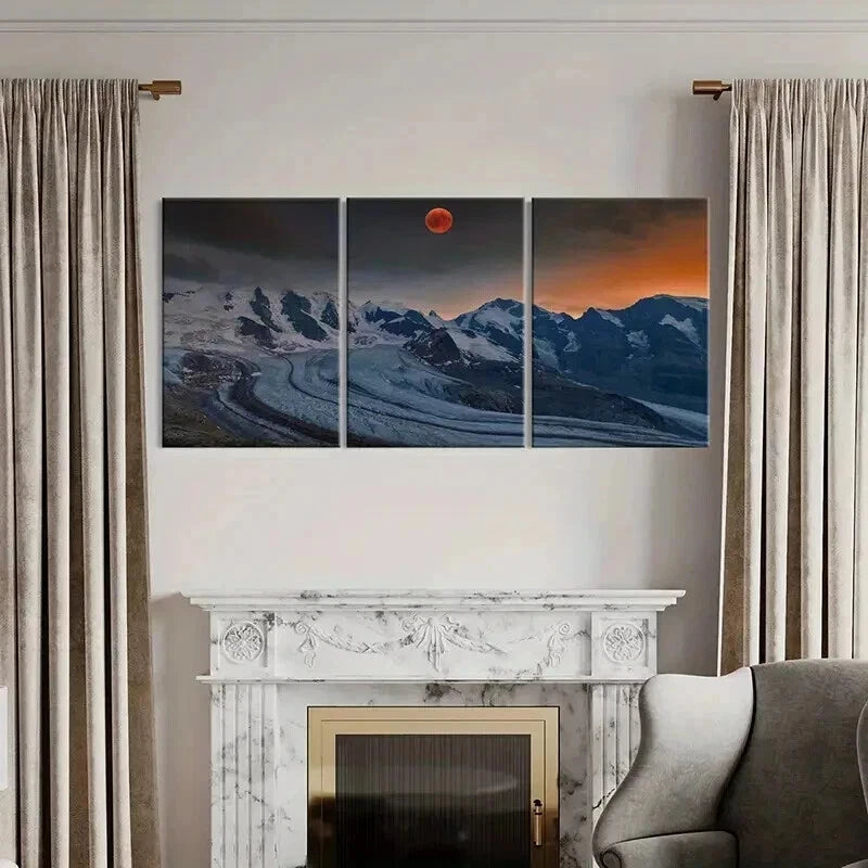 3pcs Red Moon and Snow Mountains Landscape Wall Art Set Canvas Framed 40x60cm - High Quality Print 100% Australian Made Wall Canvas Ready to Hang - Bella Home Decor