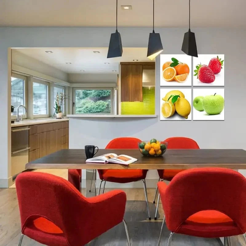 4pcs Orange, Lemon, Strawberry Fruits Design Wall Art Canvas Framed