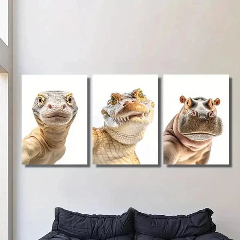 3pcs Giant Lizard Crocodile and Hippo Heads Wall Art Set Canvas Unframed - High Quality Print 100% Australian Made Wall Canvas