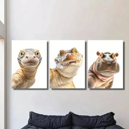 3pcs Giant Lizard Crocodile and Hippo Heads Wall Art Set Canvas Unframed - High Quality Print 100% Australian Made Wall Canvas