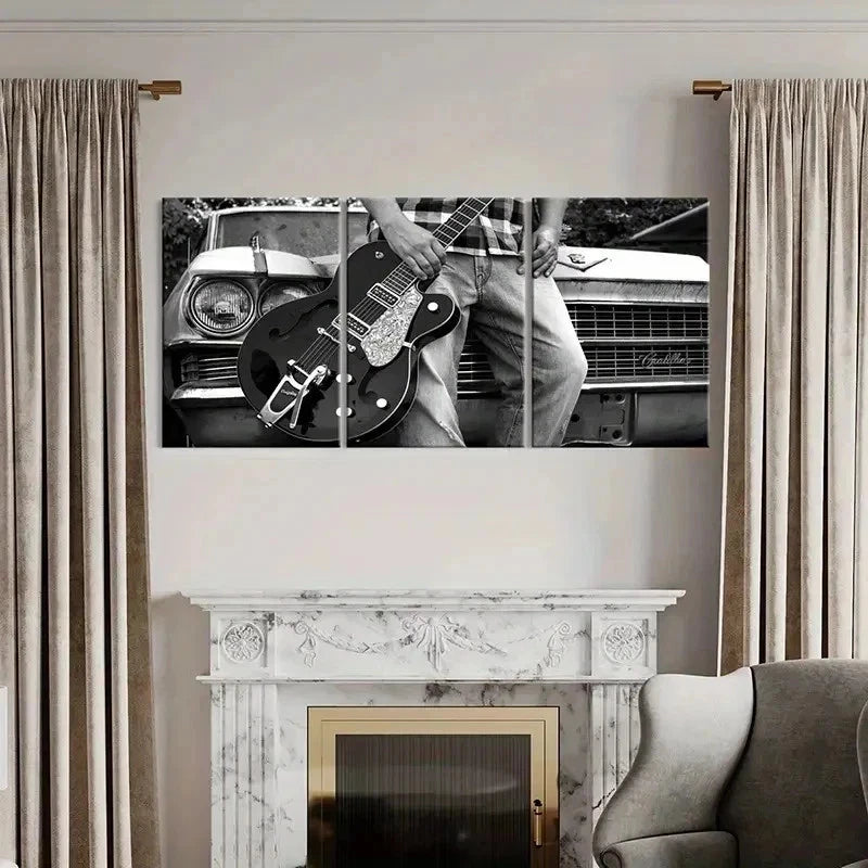 3pcs Black & White Guitar & Musical Instrument Wall Art Set Canvas Framed 40x60cm - High Quality Print 100% Australian Made Wall Canvas Ready to Hang - Bella Home Decor