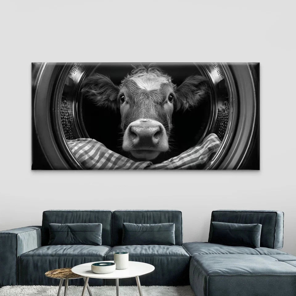 Black and White Cow in Laundry Wall Art Canvas Office Home Room Framed 120x60cm