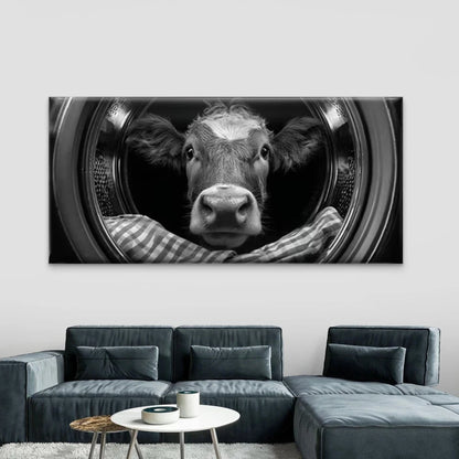 Black and White Cow in Laundry Wall Art Canvas Office Home Room Framed 120x60cm