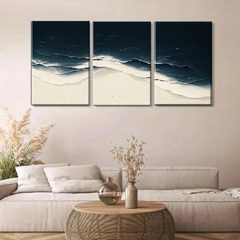 3pcs Minimalist Ocean Wave Dark Light Perfect Wall Art Set Canvas Framed 50x70cm - High Quality Print 100% Australian Made Wall Canvas Ready to Hang - Bella Home Decor