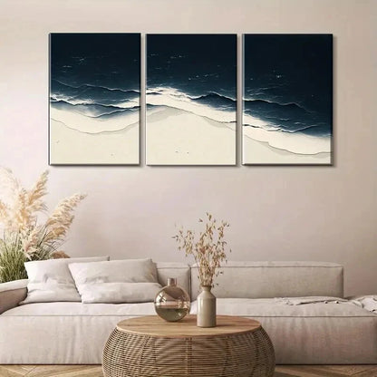 3pcs Minimalist Ocean Wave Dark Light Perfect Wall Art Set Canvas Framed 50x70cm - High Quality Print 100% Australian Made Wall Canvas Ready to Hang - Bella Home Decor