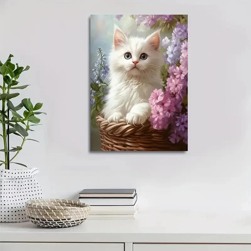 Cute Ragdoll Kitten with Vibrant Flowers Painting 40x60cm Metal Print Ready to Hang - Bella Home Decor