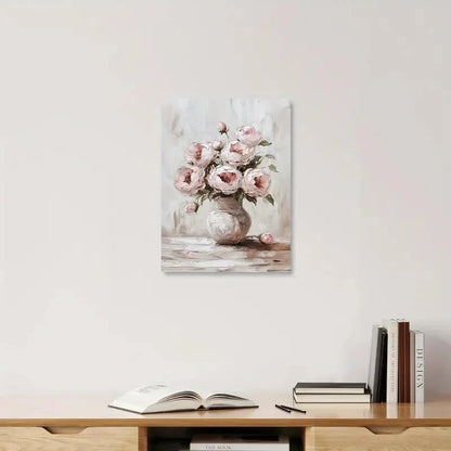 Floral painting on a wall above a wooden shelf with books and an open book.