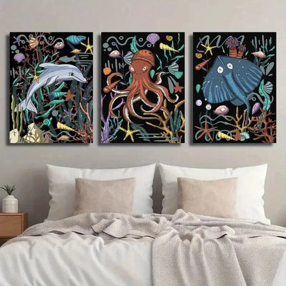 3pcs Dolphin Octopus Stingray Underwater Wall Art Set Canvas Framed 50x70cm - High Quality Print 100% Australian Made Wall Canvas Ready to Hang