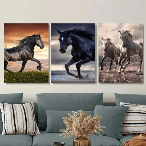 3pcs Galloping Horses Beautiful Horse Paintings Wall Art Set Canvas Unframed - High Quality Print 100% Australian Made Wall Canvas