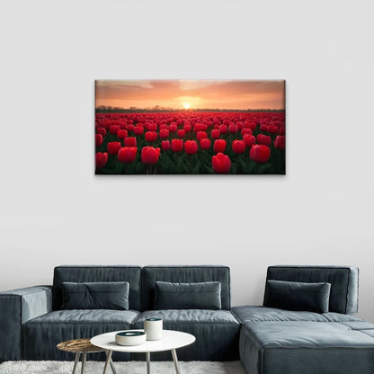 Red Tulips Field Sunset Wall Art Canvas Office Home Room Framed 120x60cm